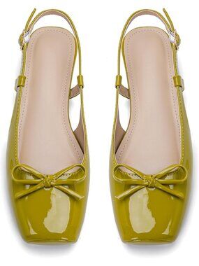 Women's Green Slingback Square Toe Bow Knit Ankle Buckle Satin Ballet Flats